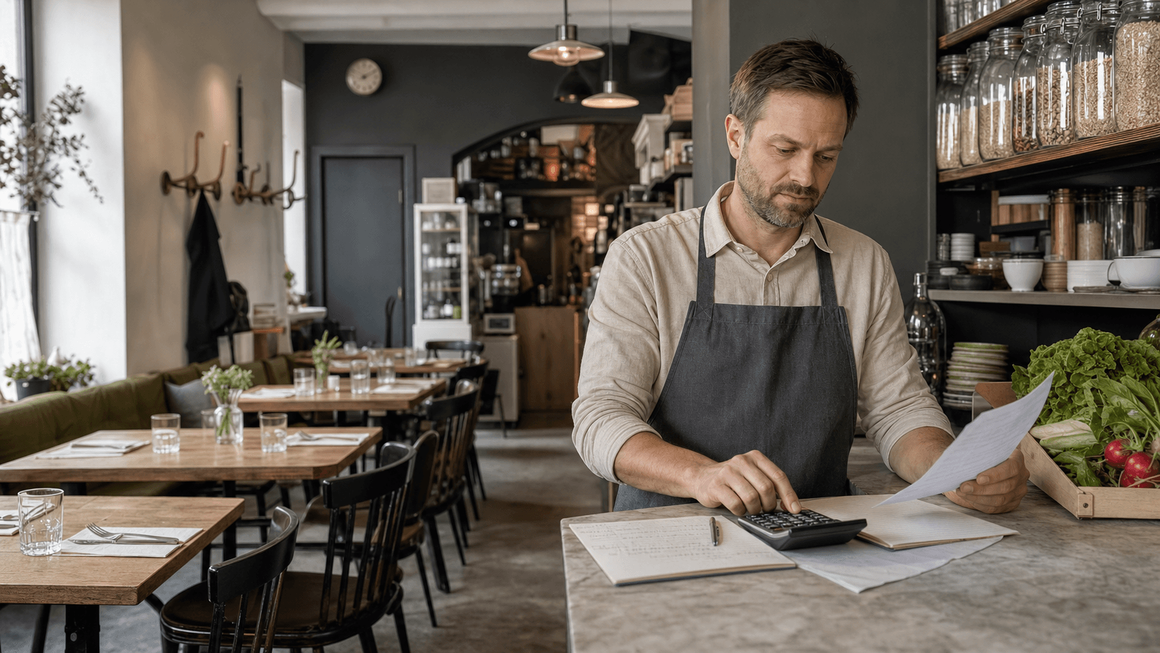 Provozovatel restaurace porovnává firemní náklady a faktury